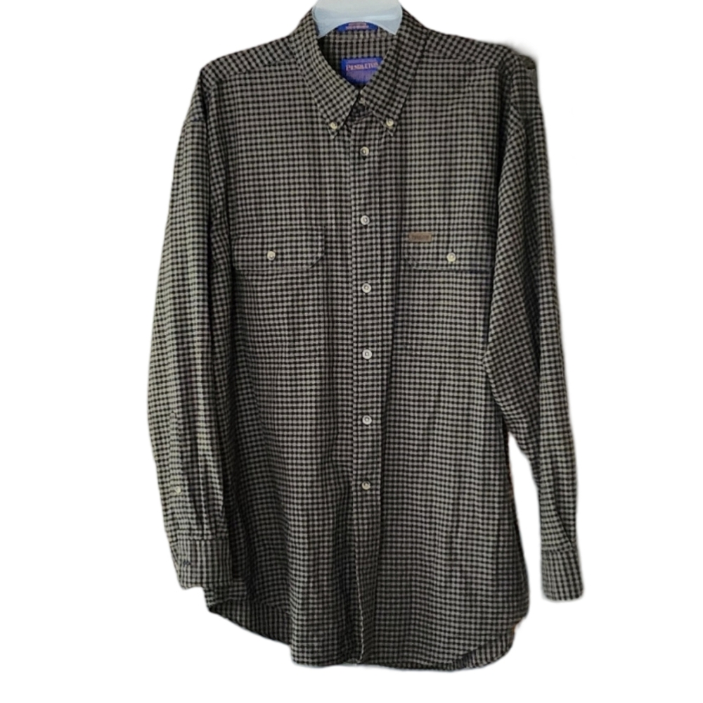 Pendleton Men's Large Button-down‎ Black and Tan Gingham Dress Shirt